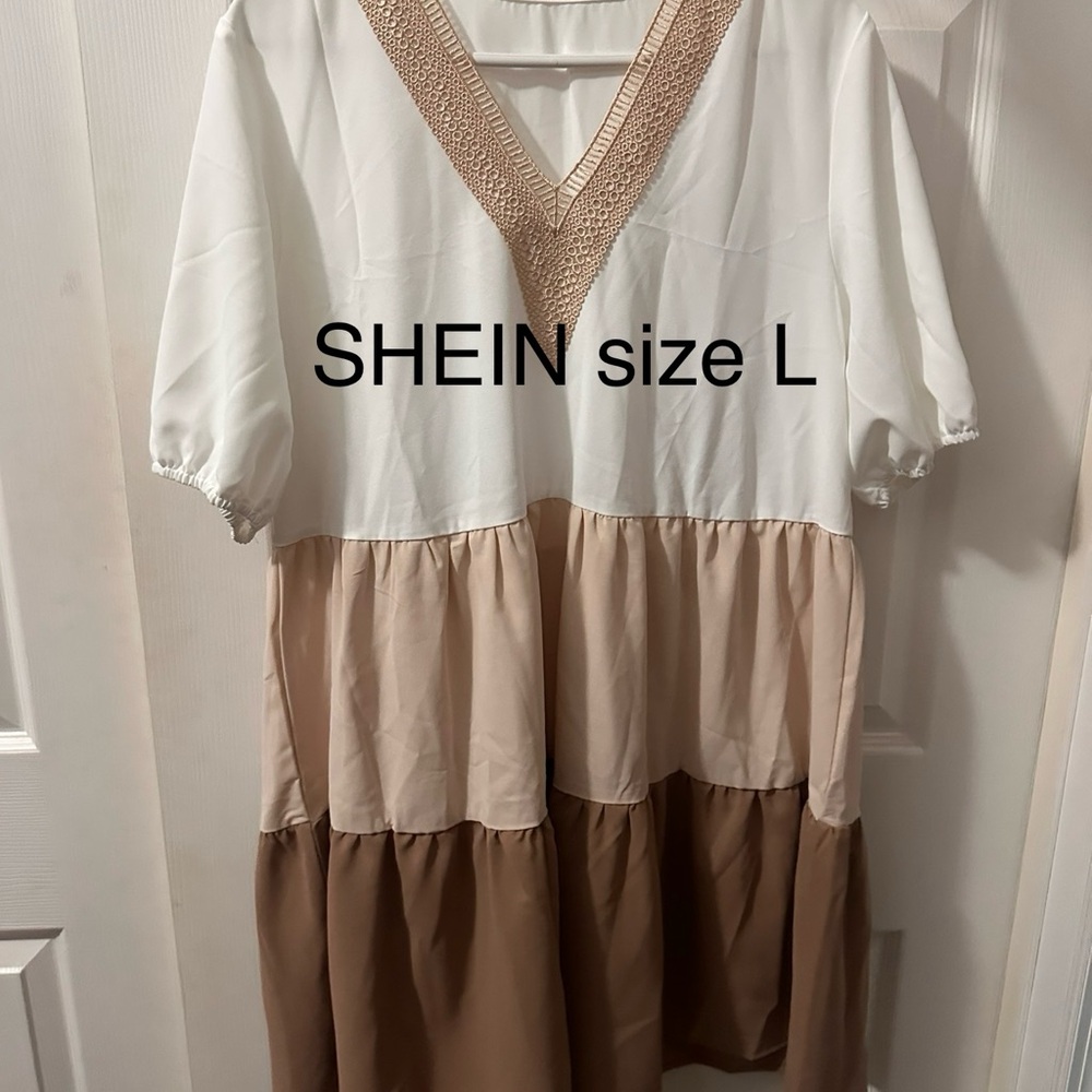 SHEIN V-Neck Color Block Dress - White and Tan
